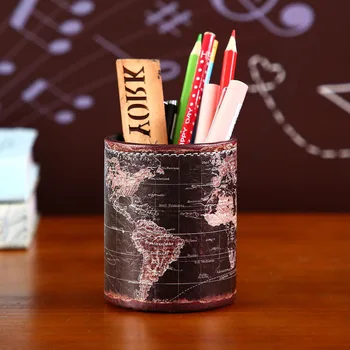 LINKWELL Black Mape Sveta Vzor PU kožené Ceruzka Pohár Držiak na Pero Stôl Organizátor Úložný Box Prípade