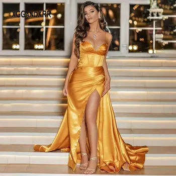 Zlaté Sexy Morská Víla Šaty Ples 2021 Satin Dlhé Večerné Šaty Vysoká Rozdeliť Dubaj Party Šaty Formálne Šaty Abendhttpder Plus Veľkosť