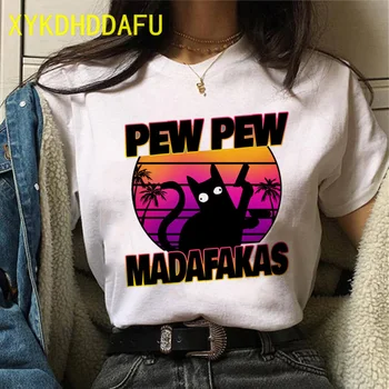 Čierna Mačka Pew Pew Madafakas T Shirt Ženy Topy Tee Mačka Meme Tričko Harajuku Bežné T-shirt Harajuku 90. rokov Streetwear Žena grunge