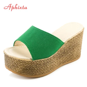 Aphixta Platformu Kliny Topánky Ženy Papuče Ženy, Luxusné Otvoriť Peep Prsty Letné Topánky Čierne Šľapky Ženy Listov Klin Sandále
