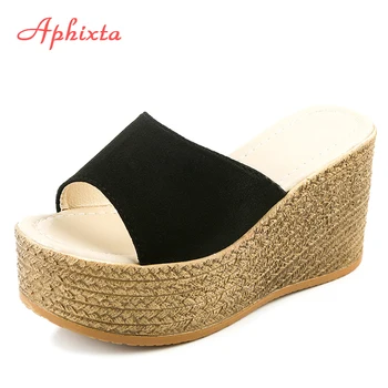 Aphixta Platformu Kliny Topánky Ženy Papuče Ženy, Luxusné Otvoriť Peep Prsty Letné Topánky Čierne Šľapky Ženy Listov Klin Sandále