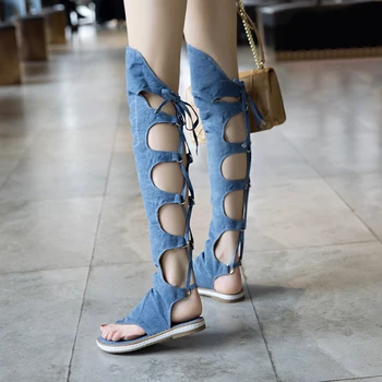 REAVE MAČKA, topánky žena klip prst sandále blue denim džínsy ploché topánky ženy lete zips gladiator botičky sandalias mujer veľkosť 43