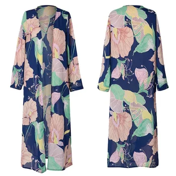 Voľné Bežné Vintage Kimono Cardigan Ženy Kvetinový Vytlačené Šifón, Blúzky, Letné Dlhé Opaľovací Krém Šatkou Pláž Long Sleeve Topy 2020