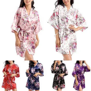 Ženské Nightrobe Hodvábny Satén Kimono Šaty Kvetina Tlače Svadba Nevesta Noc župane Sleepwear Sexy Dámy Nightgowns