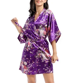 Ženské Nightrobe Hodvábny Satén Kimono Šaty Kvetina Tlače Svadba Nevesta Noc župane Sleepwear Sexy Dámy Nightgowns