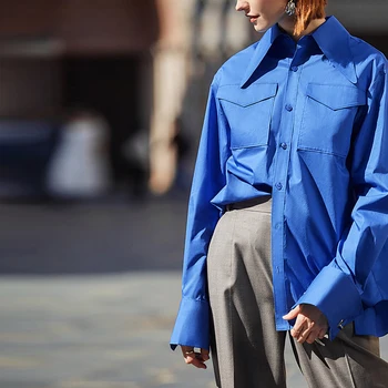 AEL Kráľovská Modrá tričko ženy Klope Blúzka Feminina módne Safari štýl Jar Leto vrchné Oblečenie voľné Plus Veľkosť nové