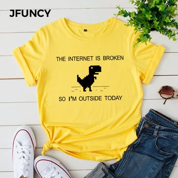 JFUNCY Bavlna Letné dámske Tričko Internet Nefunkčné Vytlačené Košele Plus Veľkosť Krátky Rukáv Bežné T-Shirt Ženské Tričká Topy