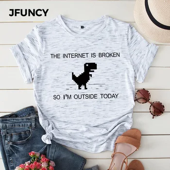 JFUNCY Bavlna Letné dámske Tričko Internet Nefunkčné Vytlačené Košele Plus Veľkosť Krátky Rukáv Bežné T-Shirt Ženské Tričká Topy