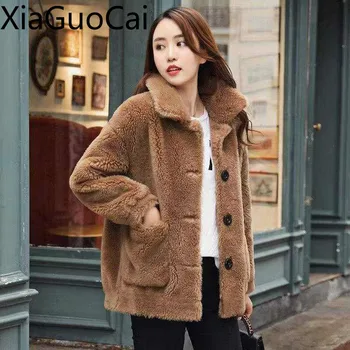 2019 Nové Zimné Jahňacie Kožušiny Ženy Coats Bežné Dámy Voľné Krátke Kabáty Odseku Bol Tenké Ženy Zimné Kabáty